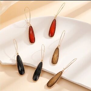 3 Pairs Gold Geometric Gemstone Drop Earrings